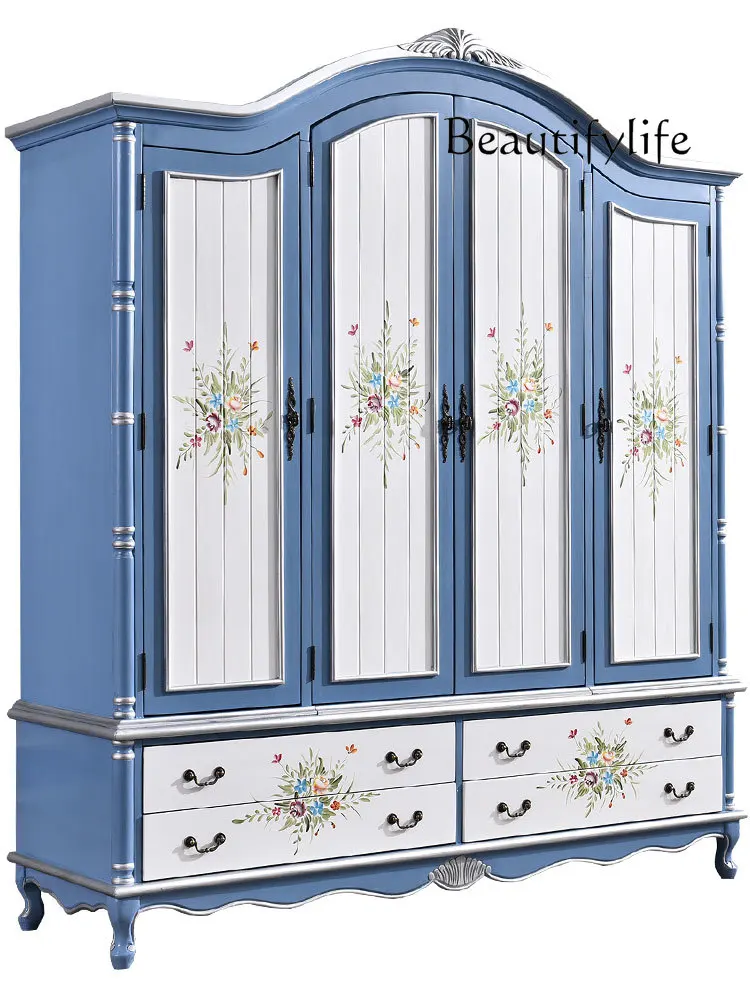 

American Country Four-Door Wardrobe Solid Wood Bedroom Cabinet European Painted Country Idyllic and Retro Wardrobe