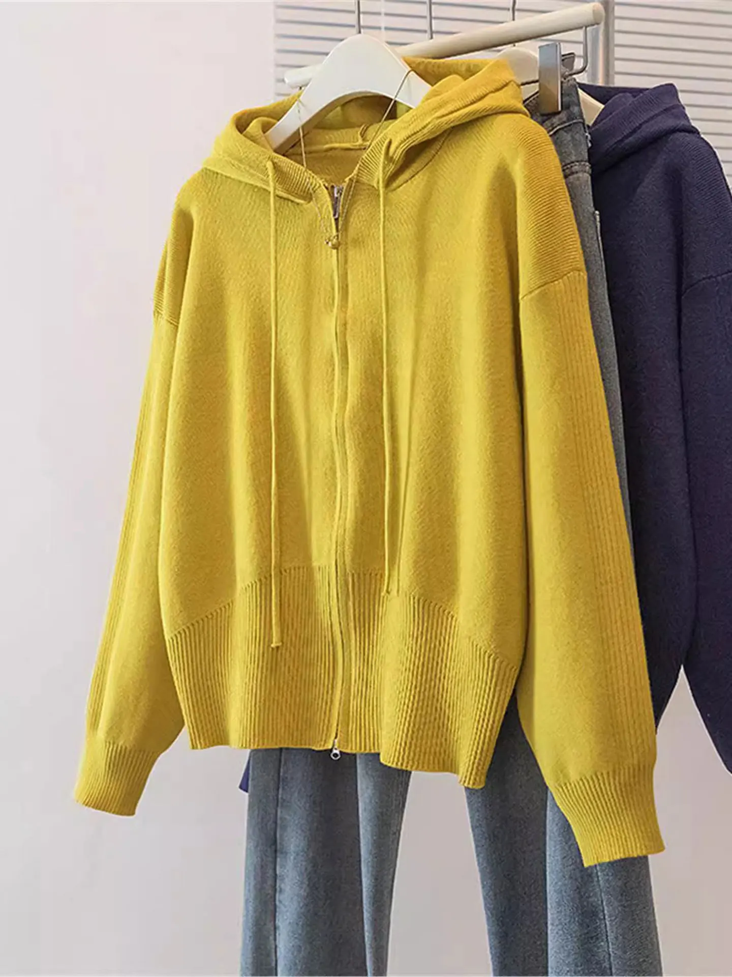 

Dopne Yellow Long Sve вязаный открытый кардиган женский плюс размер микро толстый мм свитшот с двойной молнией Jaet повседневный Sle