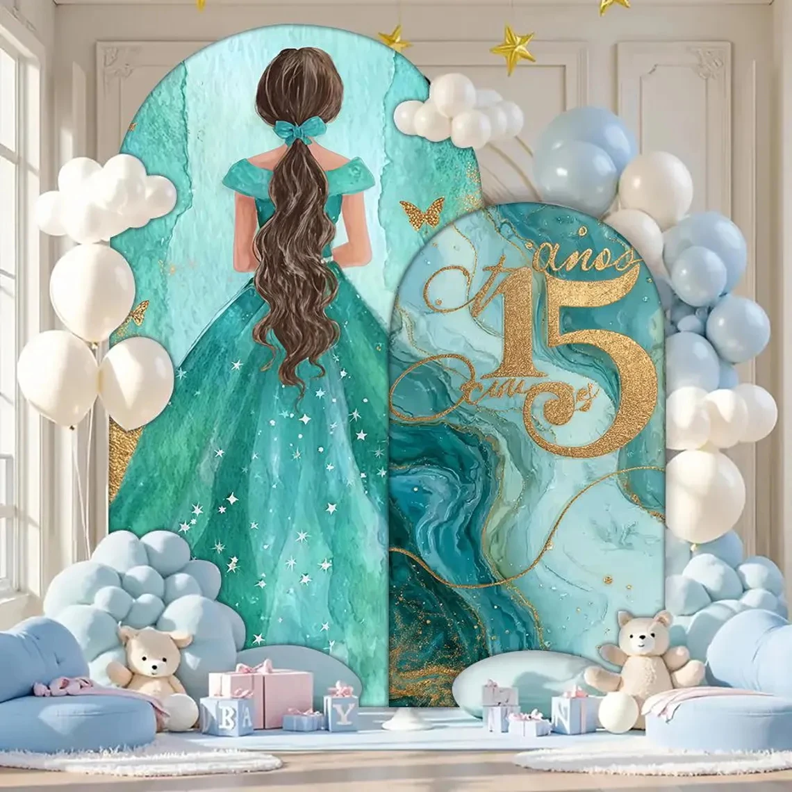 

LS Custom 2-Sided Green Quinceanera Princess Dress Girl Sweet 15th Birthday Party Cover Chiara Arch Background Decor Backdrop