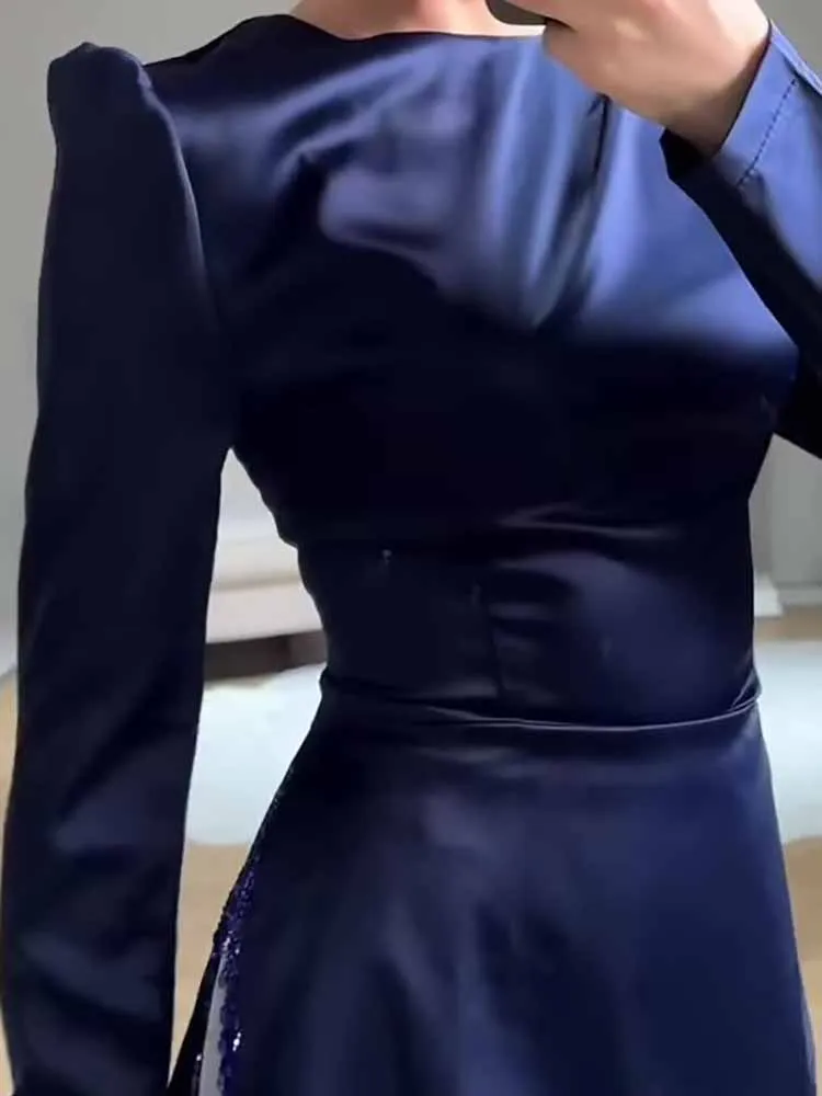 

Elegant Splicing Commuting Party Dresses Fashion O-neck Lace-Up Waist Pleated Dress Spring Autumn Casual Long Sleeve Long Dress