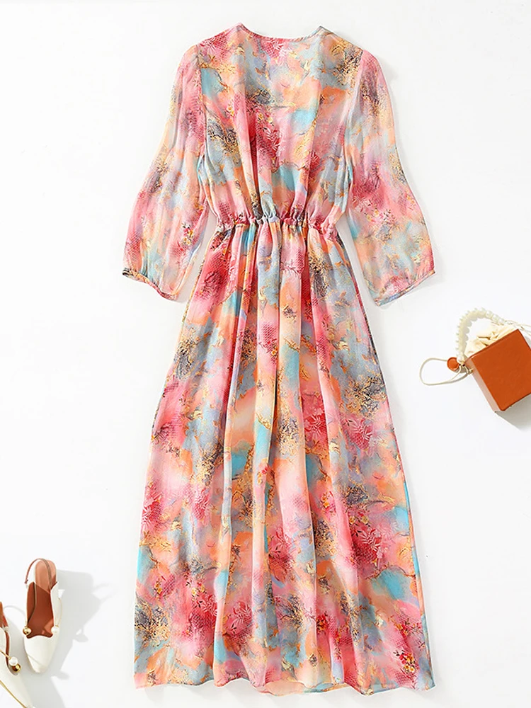 Winsleter-Vestido feminino elegante 100% seda real, meia manga com decote em V estampa floral, vestidos com babados franceses, novo verão 2025 D58267CC