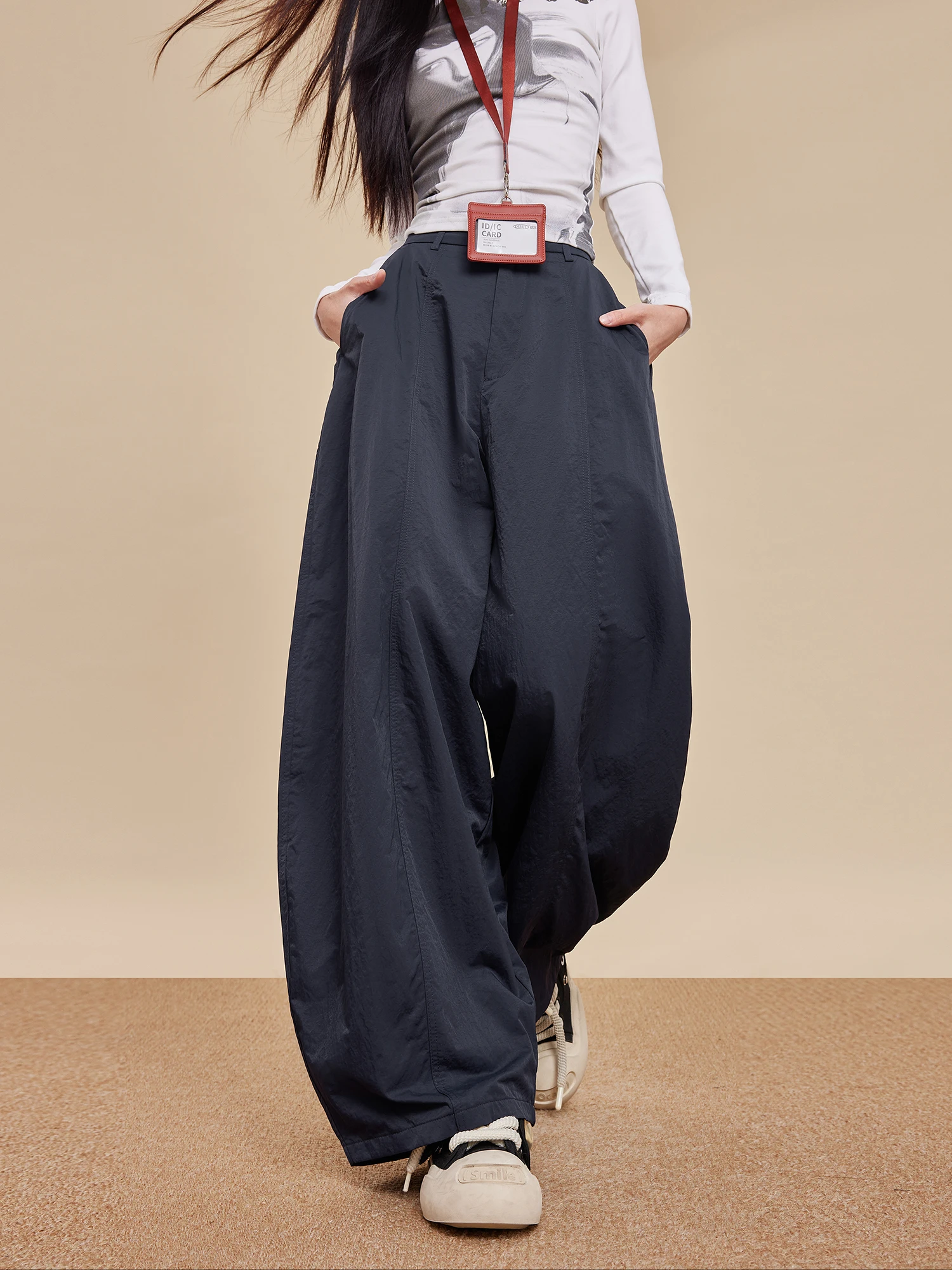 Pantaloni a gamba larga Deep Blue Scythe da donna, modello casual a vita alta, stile americano, per l'inizio dell'autunno, vestibilità ampia e snellente, in maglia, stile Harajuku.