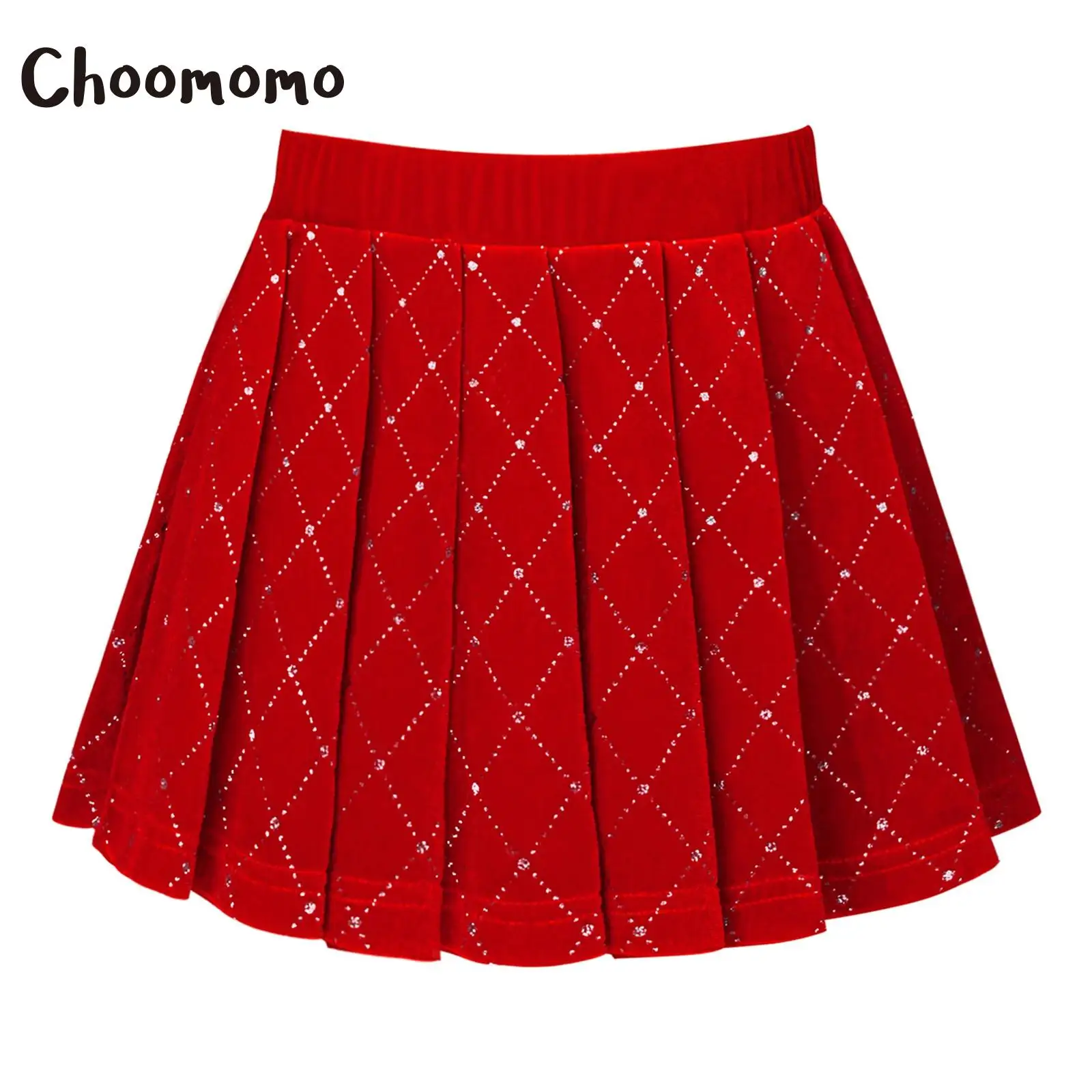 Girls Shiny Rhinestones Ballet Dance Skirt Kids Christmas Velvet Skirt Princess Birthday Party Elastic A-line Pleated Miniskirt