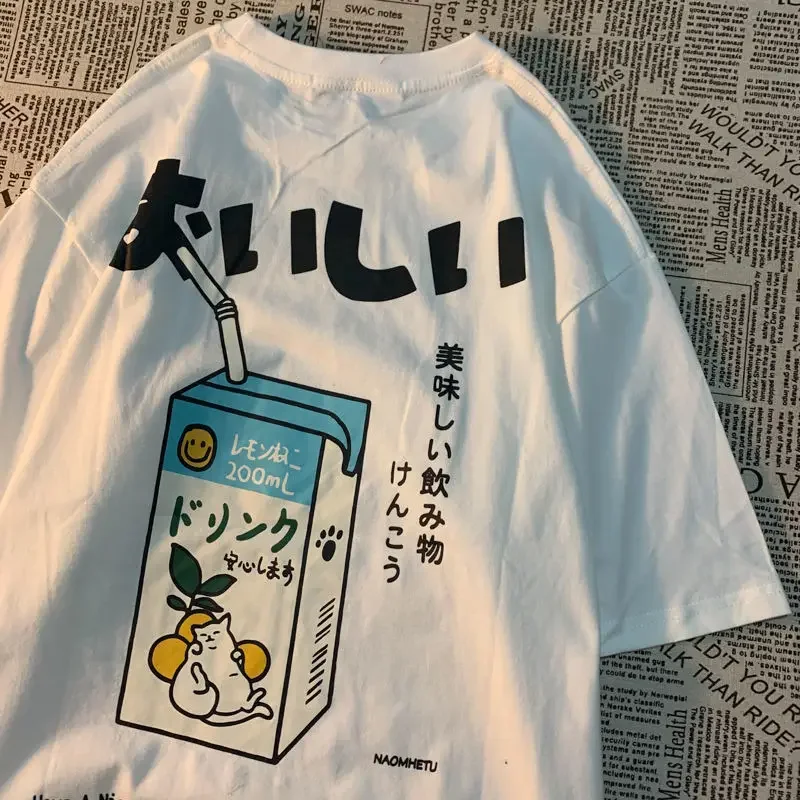 Casual Fashion T-shirt Japanese Ice Drink Cute Cat Print T-shirt Summer Men's Women Short Sleeve Tees Cartoon Graphic Tops White