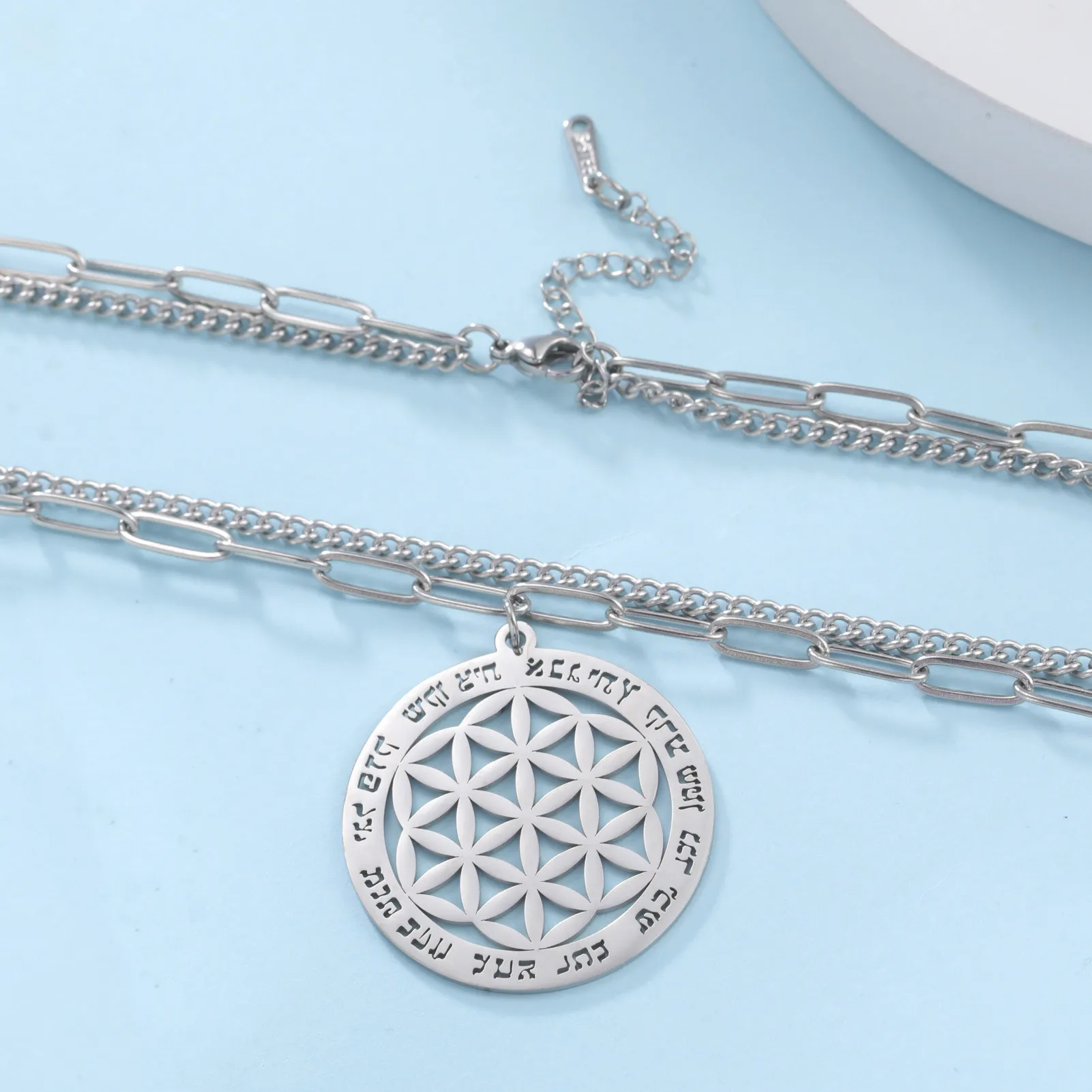 Flower of Life Pendant Buddhist Necklace Double Chain Hebrew script Necklace Sacred Geometry Jewelry Fleur De Vie Yoga bijoux