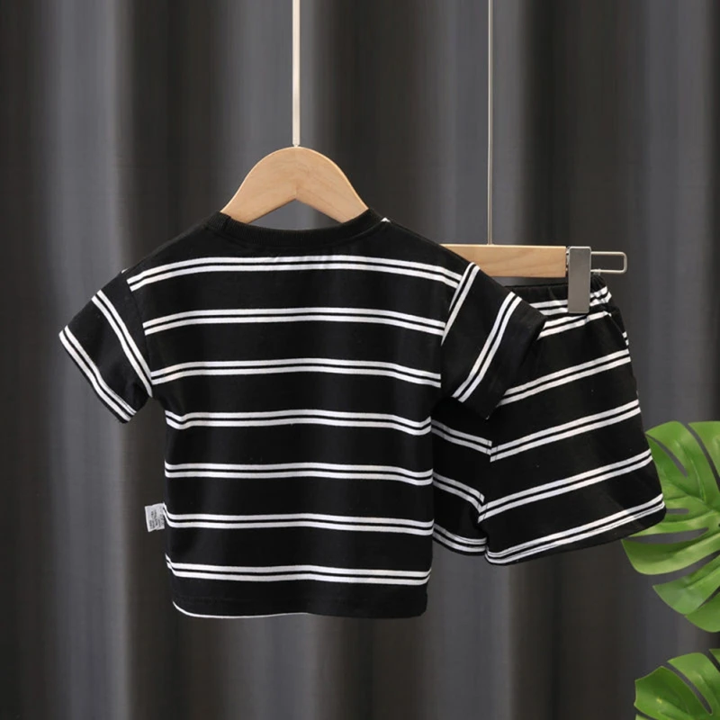 2Pcs Fashion Children Short Sleeve Shorts Sets Summer Kids Clothes Boys Baby Cotton Tee Pant Outfits Black and White Stripe Trac