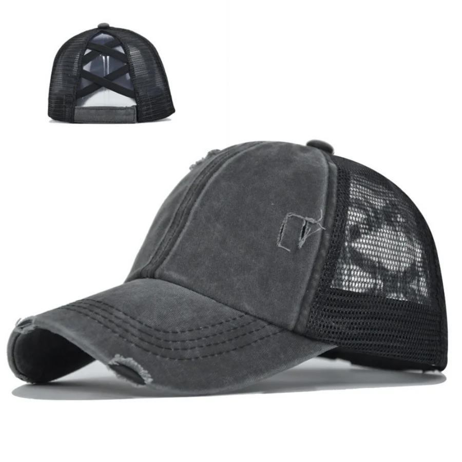 Neue Retro Wasserwäsche-Baumwoll-Baseballkappe mit Pferdeschwanz - UV-Schutz Atmungsaktive Mesh-Mütze für Damen - Verstellbare Hip-Hop-Kappe