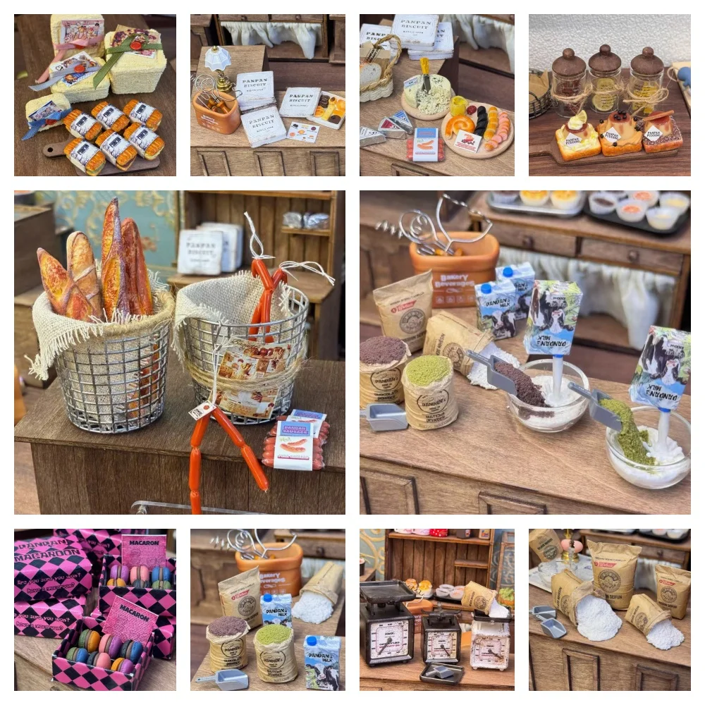 

BJD Dollhouse Fake Flour Milk Powder Mini Macaron Cookie Baguette Basket Dollhouse Tiny Kitchen Accessories Gift for Doll Lovers