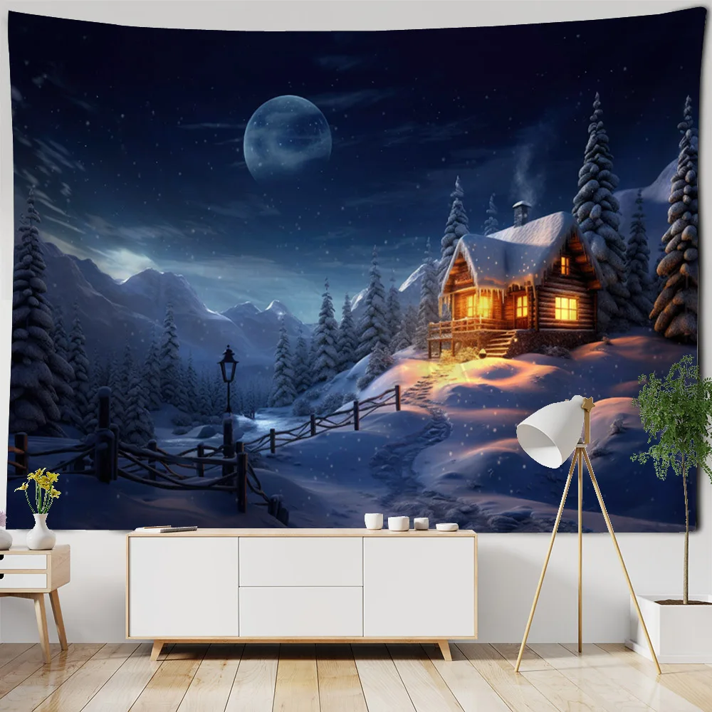 

Christmas Home Decoration Tapestry Christmas Tree Wall Decoration Santa Claus Gift Fireplace Snow View Room Decoration