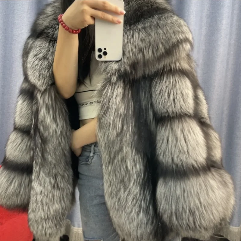 New Fashion Fox Fur Winter Women Jacket Real Natural Silver Fox Fur Coat  Whole Skin Fur Thick Soft  Warm Fox Fur Jacket