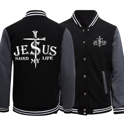Imagen 2 del producto Jesús salvó mi vida carta gráfica chaquetas de hombre estilo Preppy uniformes de béisbol Casual S-5Xl ropa de movimiento de calle alta