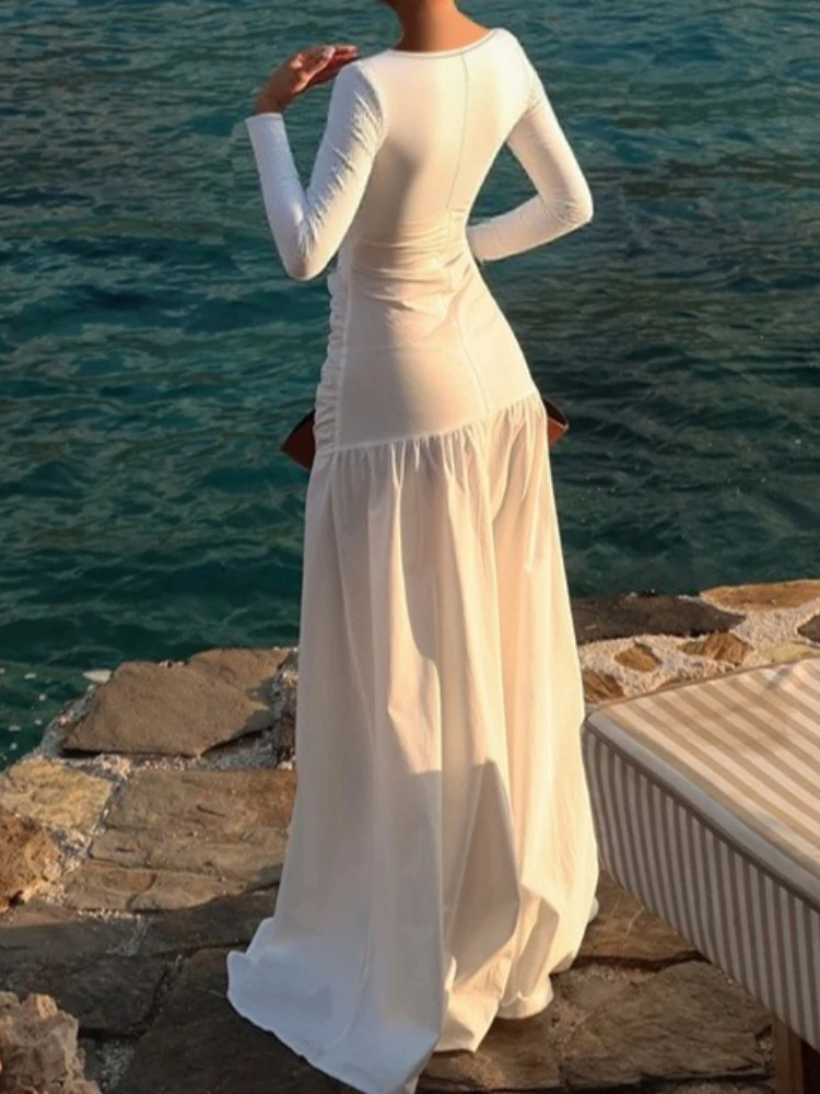 Foamlina 2025 Fall Fashion Solid Lange Mouw Jurk Vrouwen Elegante V-hals Cut-out Slanke Hoge Taille Plooien Holiday Party maxi Jurk