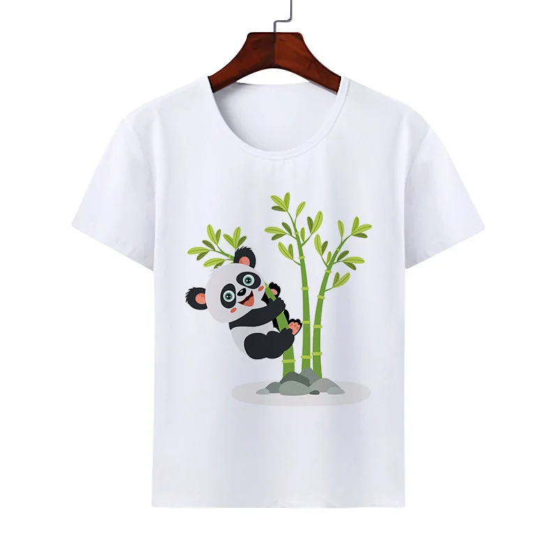 

Cute Panda Cartoon Boys and Girls T-shirt Summer Round Neck Cat Short Sleeve Top Parent-child Kids Clothes