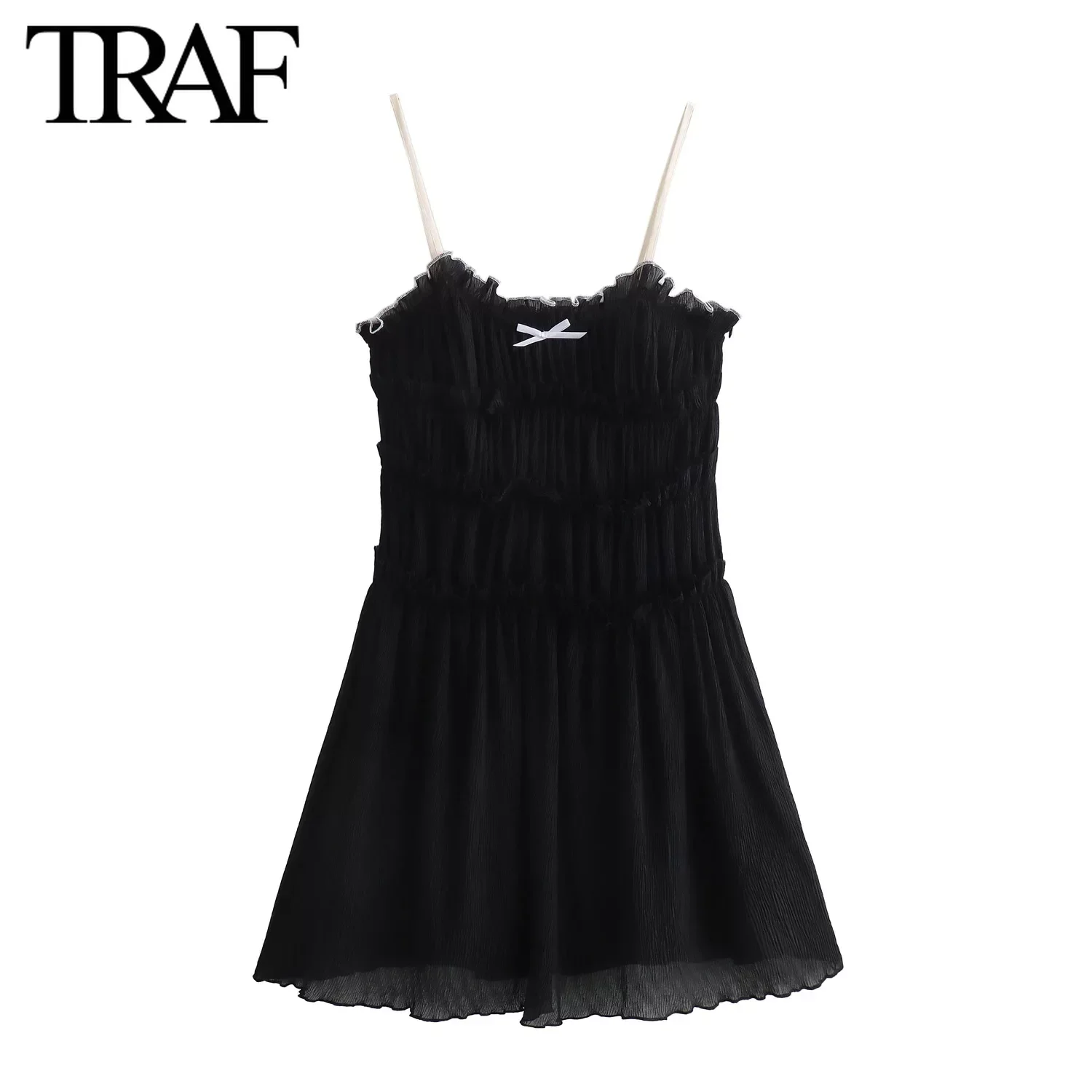 TRAF Women Fashion Summer Layered Splicing Bow Texture Sleeveless Sexy Sling Backless A-line Mini Dress Chic Female Evening