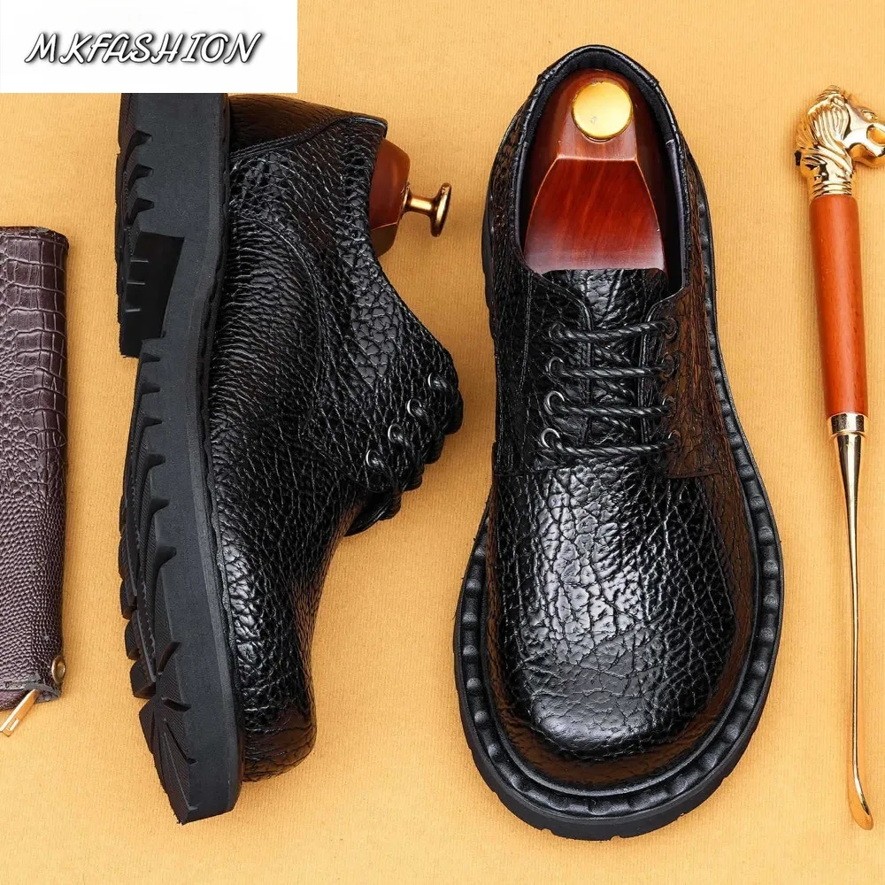 Men Crocodile Pattern Genuine Leather Casual Shoes Big Round Toe Lace Up Flats Footwear Plus Size 37-46