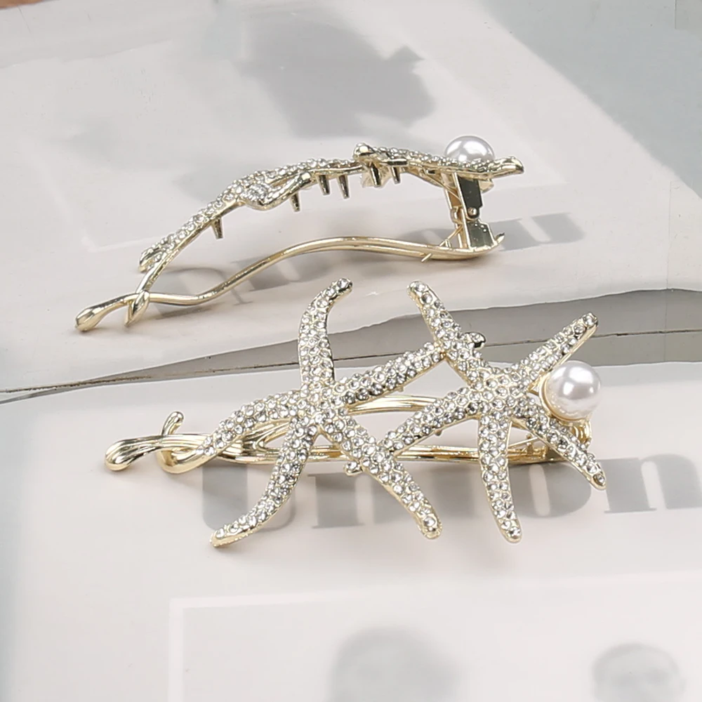 10cm Fashion Rhinestone Double starfish Twist clamp Frog Buckle one Word Clip alloy Hair Clip Back of the head Hair accessories