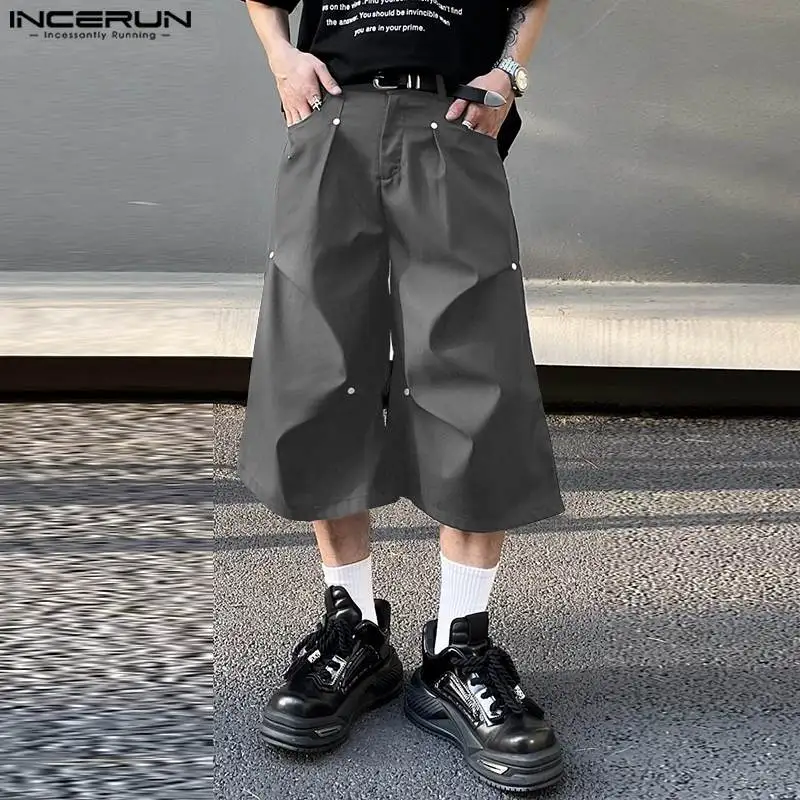 INCERUN Men Pants Solid Color Loose Button Joggers Pleated Casual Wide Leg Trousers Men Streetwear 2024 Fashion Male Pants S-5XL