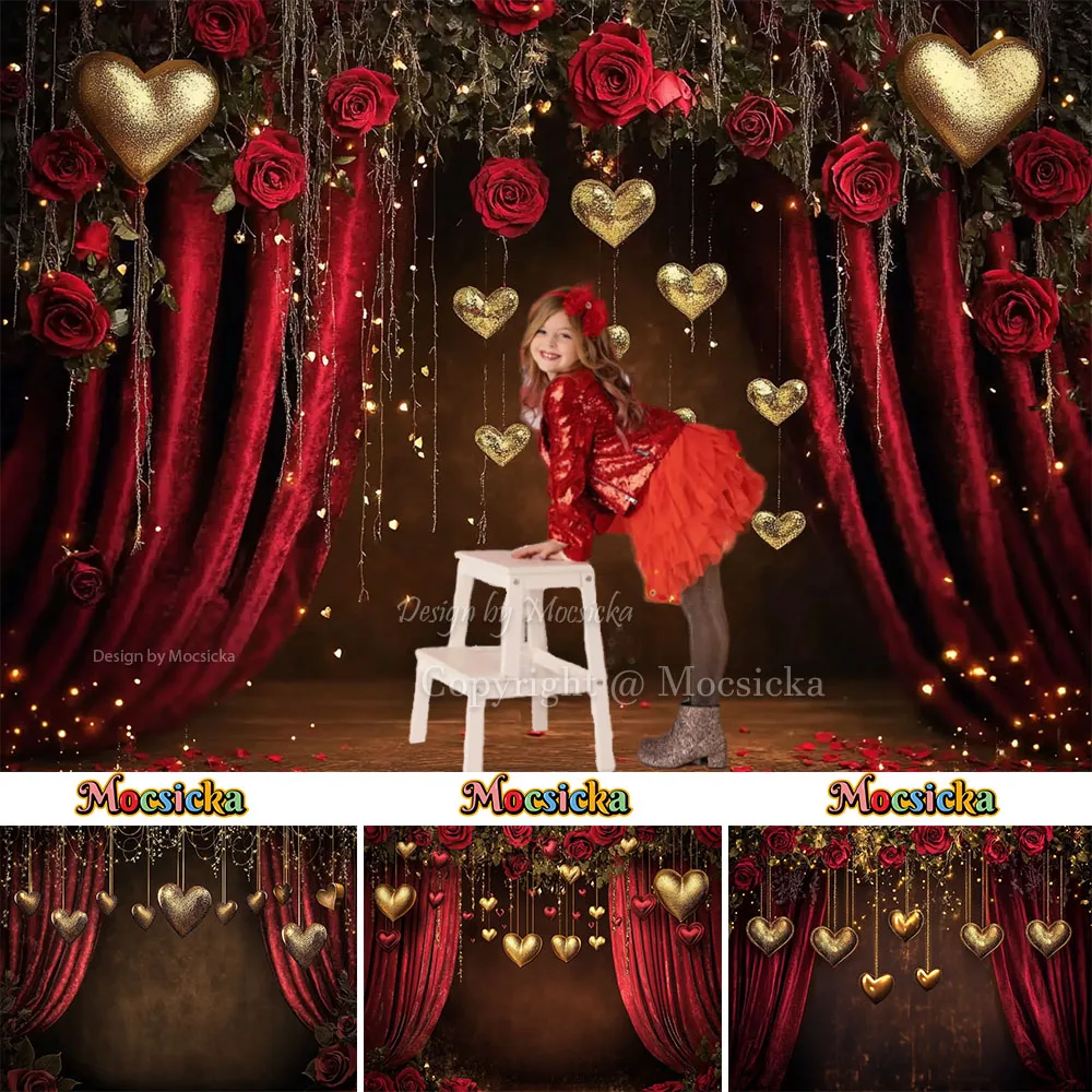 

Photography Background Red Rose Curtains Gold Heart Glitter Stage Backdrop Valentine's Day Birthday Wedding Party Photobooths