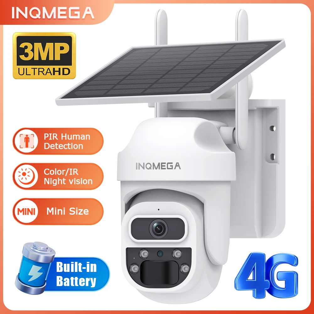 INQMEGA 3MP 4G Solar Security Camera Outdoor Wifi Video Monitor CCTV Security Camera Dual Lens Solar Cell PTZ Camera