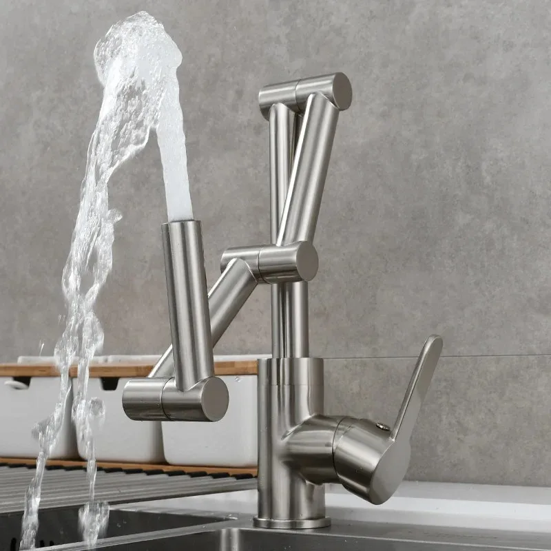 【2026】Brushed Gold Kitchen Sink Faucets Hot &Cold Soild Brass Folded Mixer Tap Single Handle Deck 360 Degrees Rotating Black/Chr view 3
