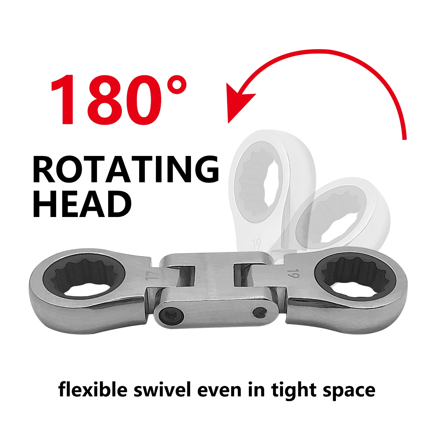 5pcs Dual Flex-Head Ratcheting Combination Wrench Set, Stubby Metric, Double Box End, Flex-Head Wrench Set