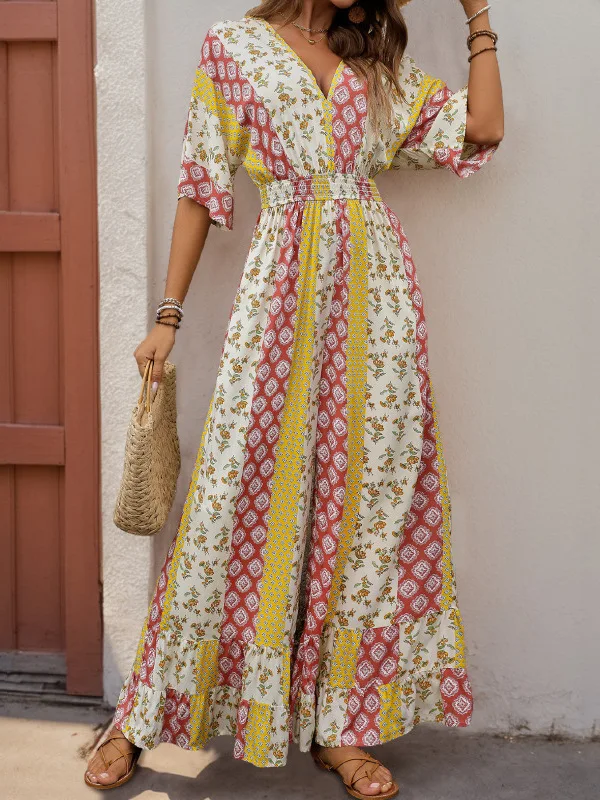 

High Waist V-neck Printed Jumpsuit Women's Long Pants Street Style Polyester Fabric Straight Cut Summer Collection China Made