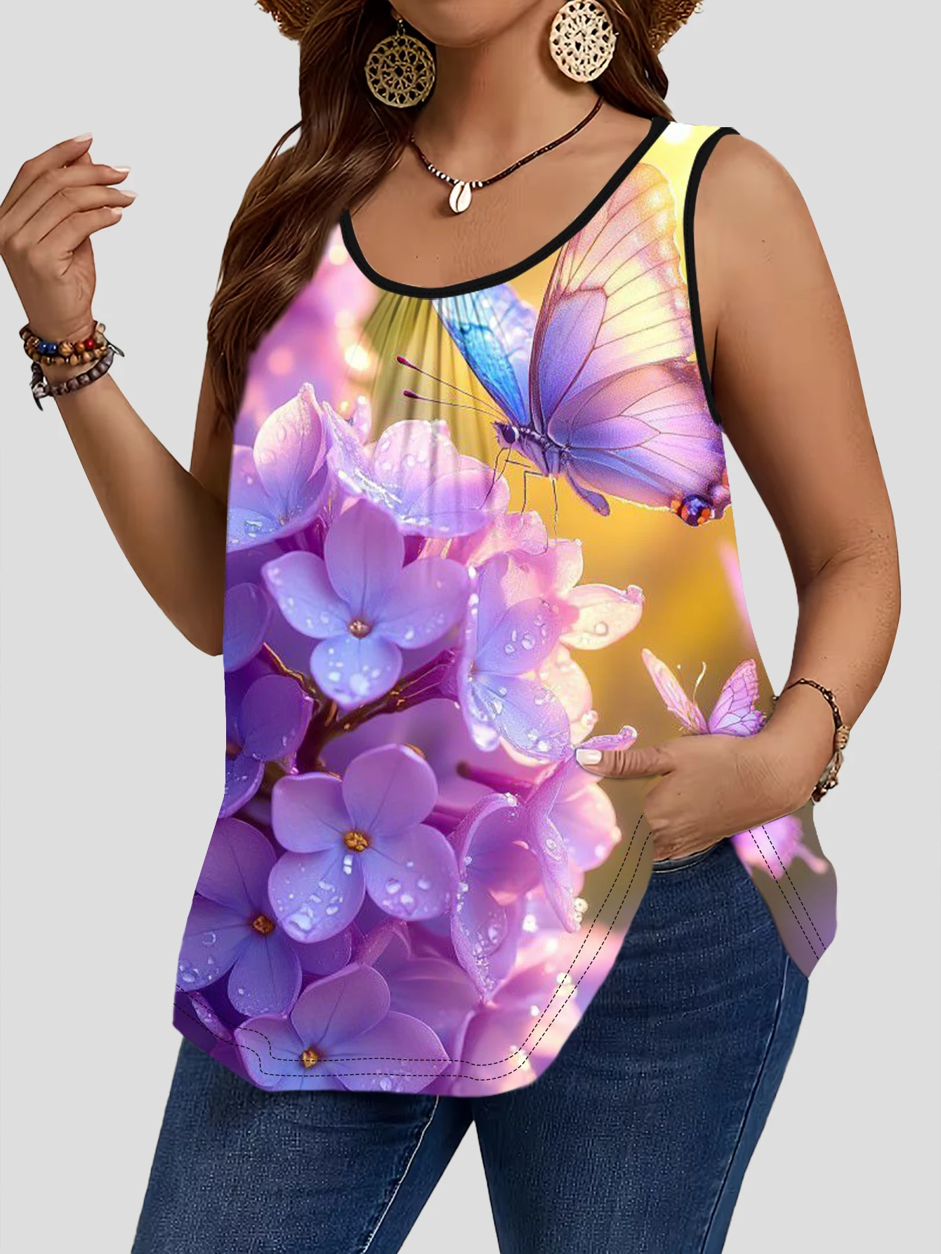 3-Piece Set of Plus-Size Women's Vests, Lilac Iridescent Butterfly Print Loose Sleeveless Tops 3