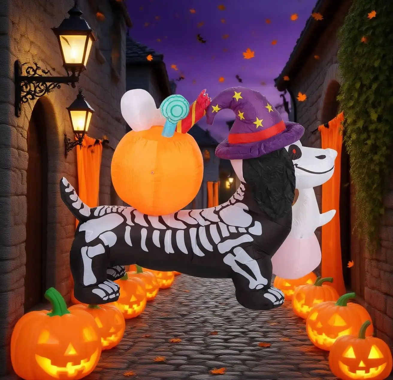 5ft / 1.5m Halloween Inflatable Skeleton Dog with Witch Hat, Pumpkin & Ghost, LED Light Up Yard Decoration 3