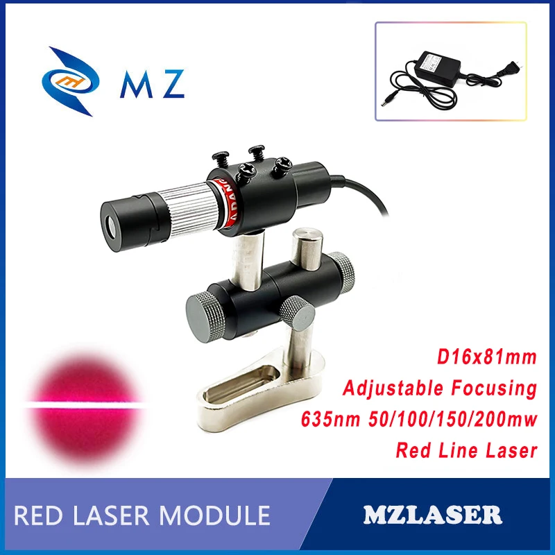 

Red Line Laser Module Adjustable Focusing D16mm 635nm 50/100/150/200mW Glass Lens With Bracket+Power Supply