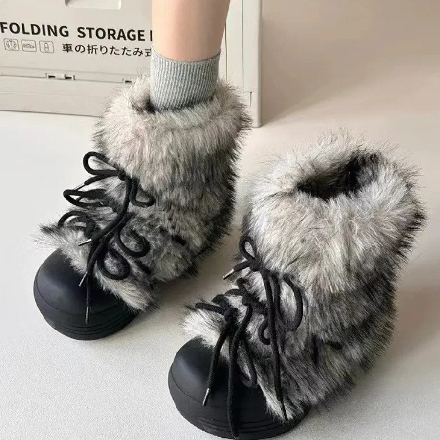 New Trend Fur Women Snow Ankle Boots Flats Platform Shoes Warm Plush Casual Cozy Sneakers Woman Designer Winter Botas Mujer