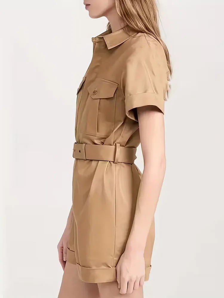 

Summer Short Sleeve Lace-up Overalls Office Lady Elegant Turn-down Collar Button Rompers Spring Solid High Waist Short Jumpsuits