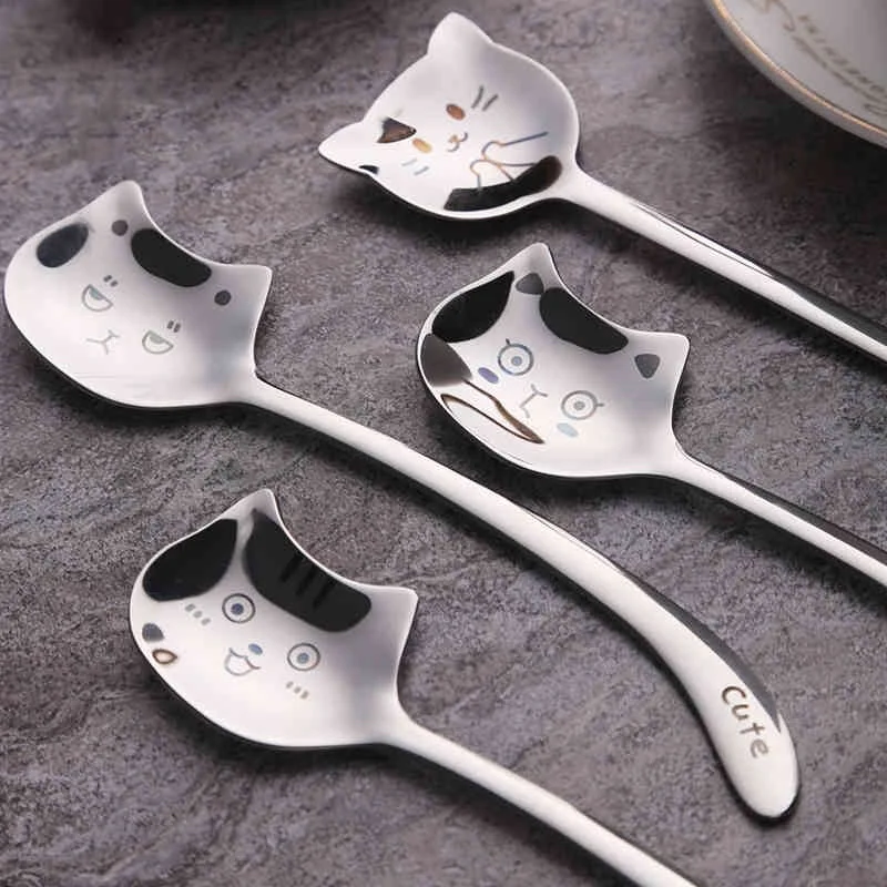 Funny Cat Spoons Cute Cartoon Meow Teaspoons For Coffee Dessert Cake Long Tail Spoon Birthday Gift Kitchen Tableware Accessories