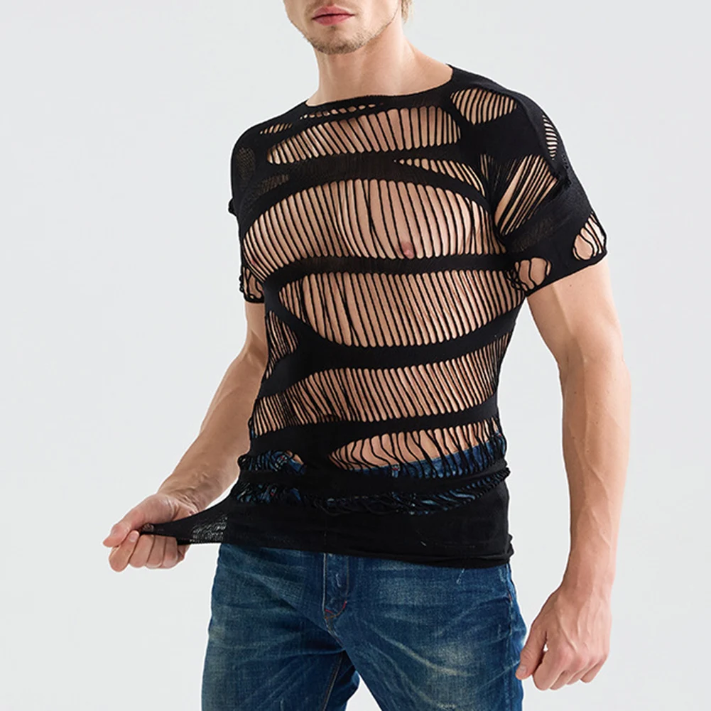 1pc Men Sexy Mesh Sheer Top Short Sleeve Mesh See Through Tops Hollow Out O-neck T-shirts Solid Color Underwear image 2