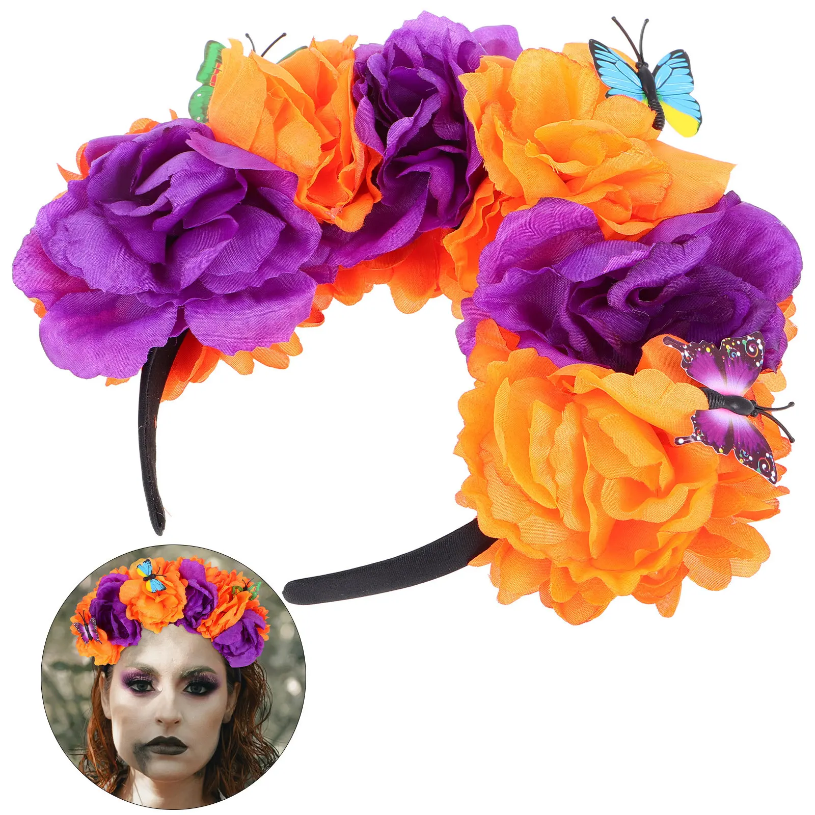 

1 шт. Цветочная повязка на голову с бабочками, яркая корона из искусственных цветов для женщин, для фестивальных костюмов, Дня мёртвых, мексиканских праздников