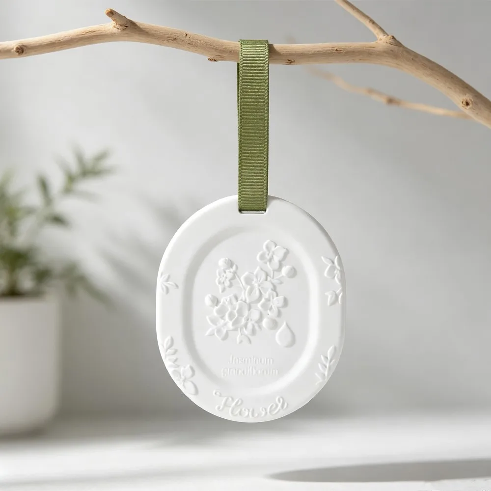 Nordic Style 3D Embossed Ceramic Wall Hanging Aroma Diffuser, Matte White, Scented Oil Reed Pendant for Bedroom Door Decor
