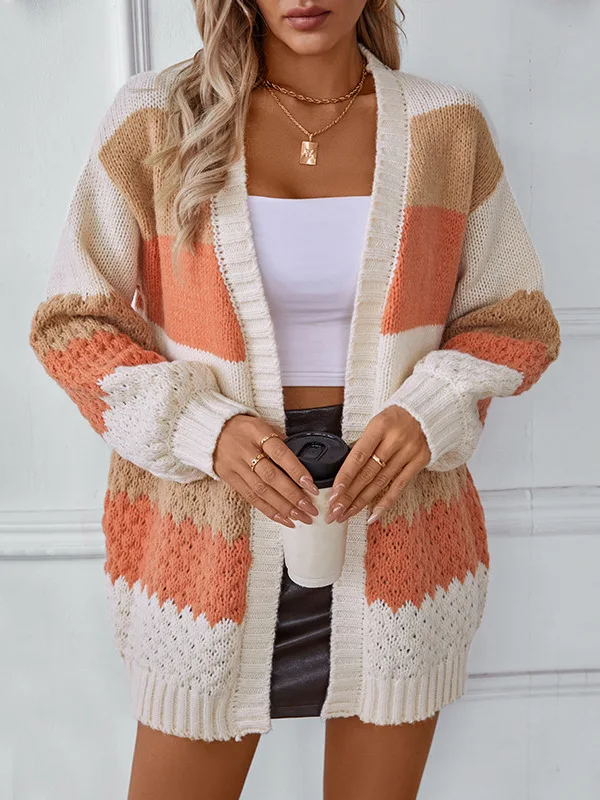 

Loose Lantern Sve Colorblo Striped Cardigan Knitted Sweater Street Sle Cosite Fabric Warmth V-Ne Mid-Length Coat