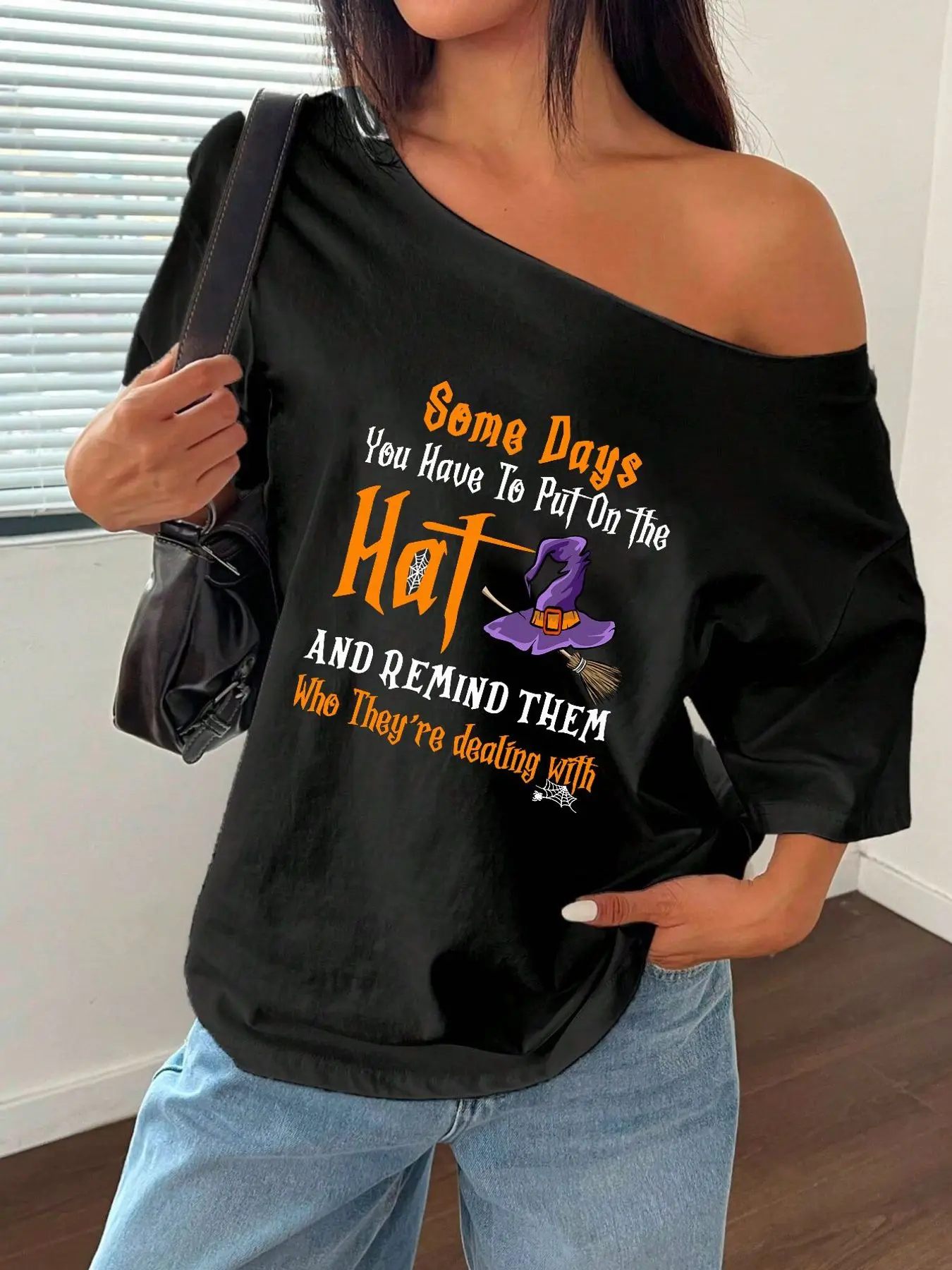100% Cotton Plus Size Halloween Witch Hat Print Graphic Shoulder Loose Print T-Shirt Oversized Y2K Style Graphic Tees Women T view 2