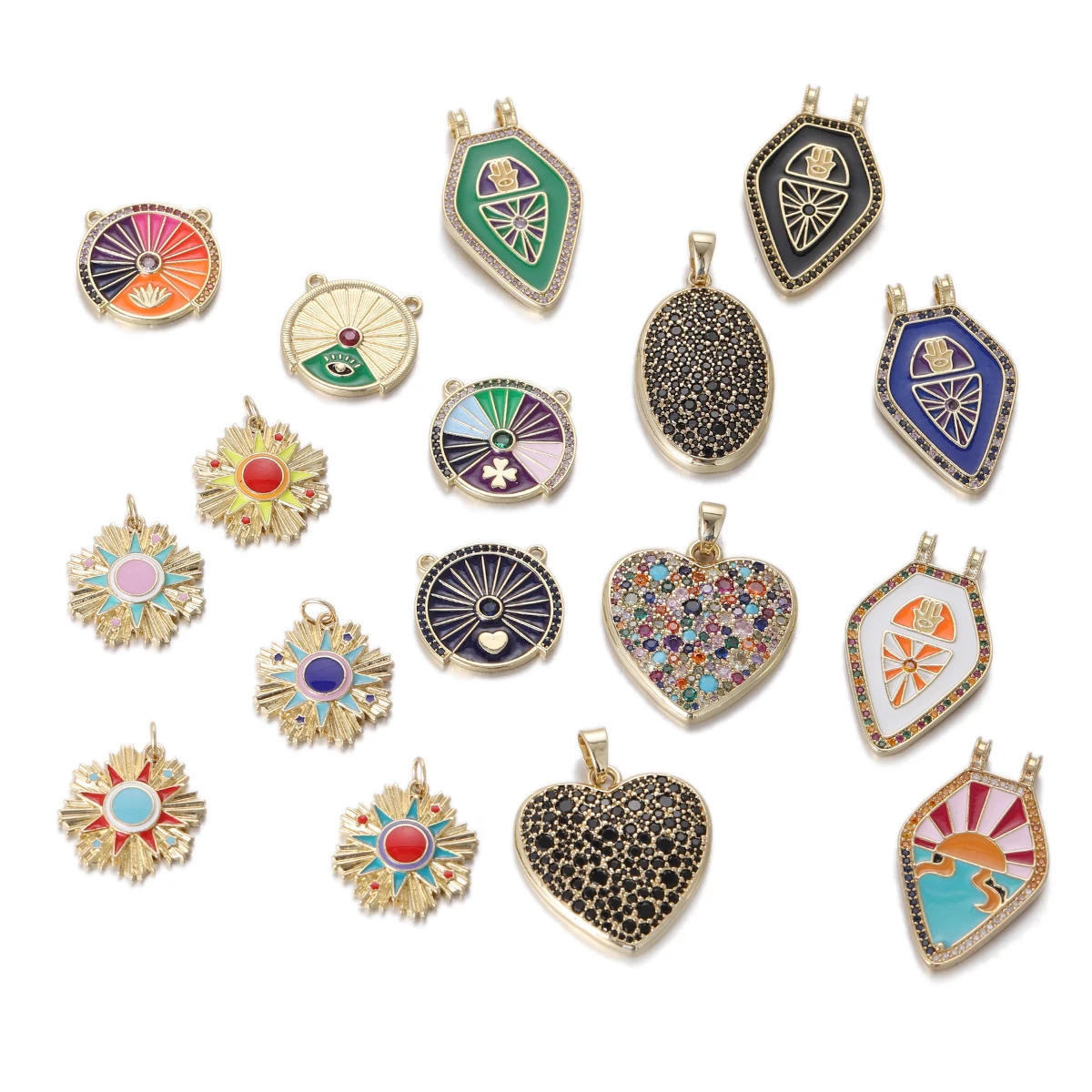 Luxury Classic Full Zircon Heart Geometric Pattern Fatima Charms Pendant for Jewelry Making DIY Necklace Bracelet Findings