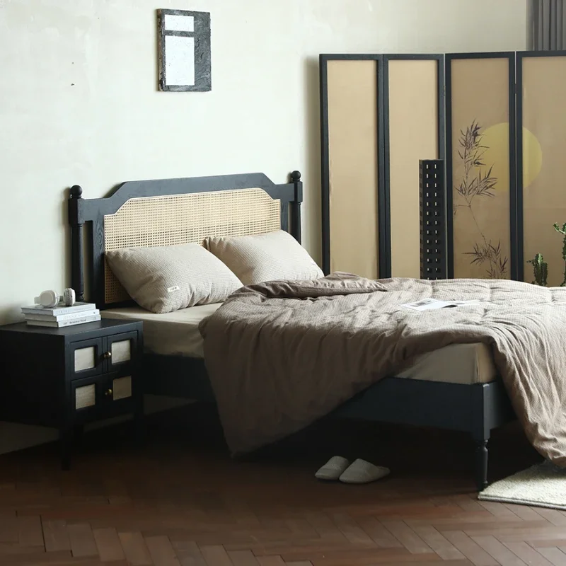 Modern black rattan bed solid wood double bed bedroom 1.8 meters homestay