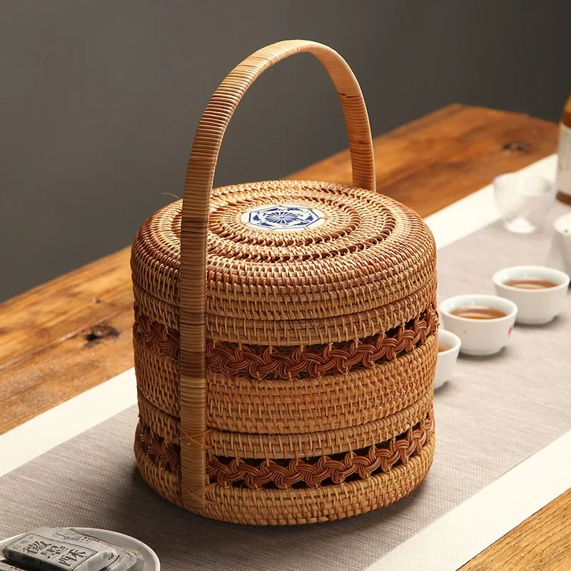 Portable Trays Picnic Basket Cake Bread Plate Fruit Lunch Box Handwoven Rattan Storage Basket Double-deck Dessert Food Container