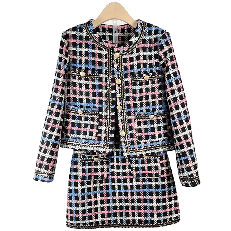 High End Women Wool Tweed Autumn Winter 2 Piece Set Plaid French Vintage Coat Outwear Casual +Mini Skirts Sets