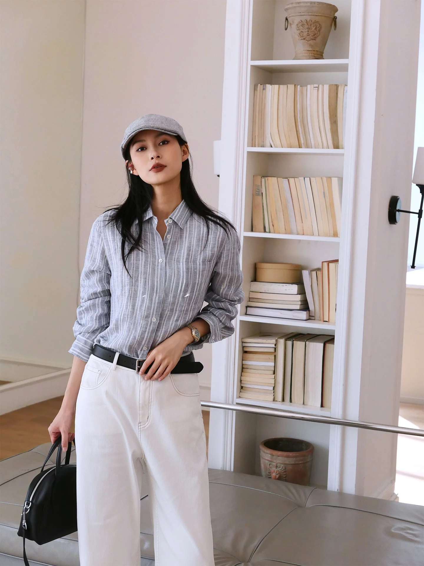 

Jieji Zhang Summer Casual Linen Shirt Loose Long Sleeve Sun Protection Blue White Stripes Turn-down Collar Women's Top