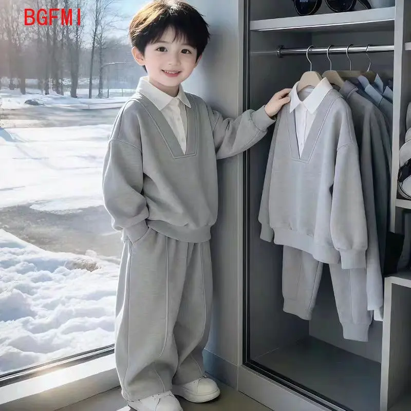 Boys Korean Cotton Sports Shirt Collar Set Spring Autumn 2026 New Children's Boys Fashion Fake Two Piece Top+ Pants 2pcs Set