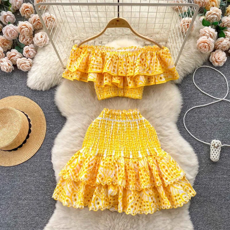 

Vacation style two-piece set women's heavy industry embroidery hollow lotus leaf edge off shoulder top+short skirt elegant set