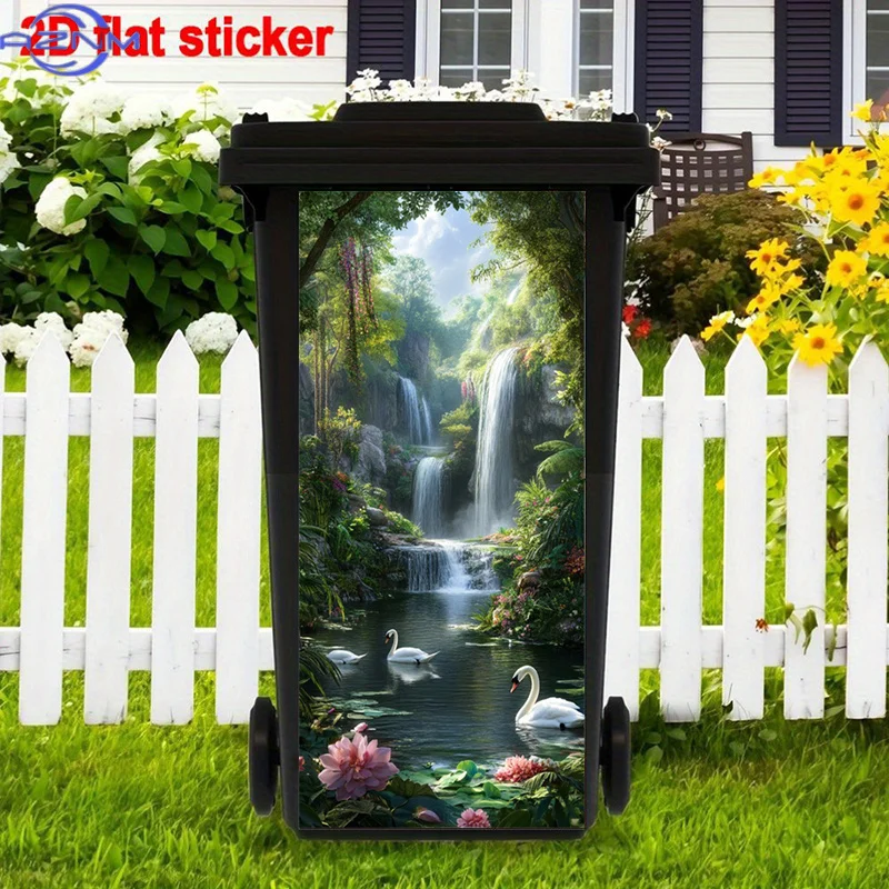 Peaceful Landscape Trash Can Sticker Decoration, Serene Waterfall Stickers, Graceful Swans Self-Adhesive Removable Trash Can S