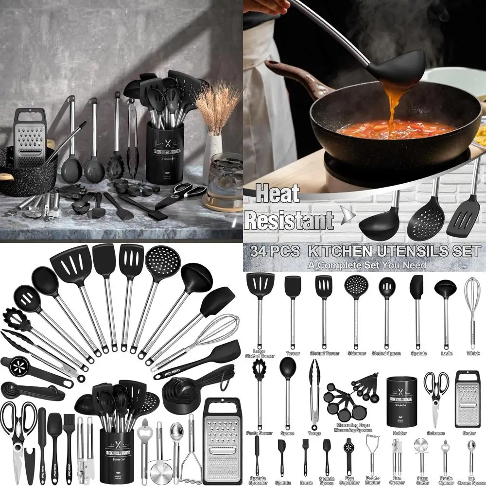 

Набор силиконовых кухонных принадлежностей из 34 предметов с ручками из нержавеющей стали для посуды с антипригарным покрытием, черные аксессуары для кухонных инструментов