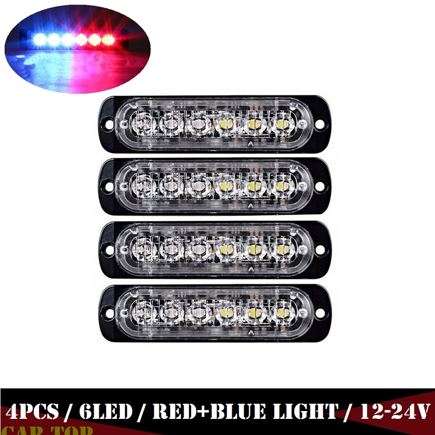 Baliza de emergencia para coche y camión, barra de luz estroboscópica de advertencia de peligro, Flash rojo y azul, 6LED, 4 unidades