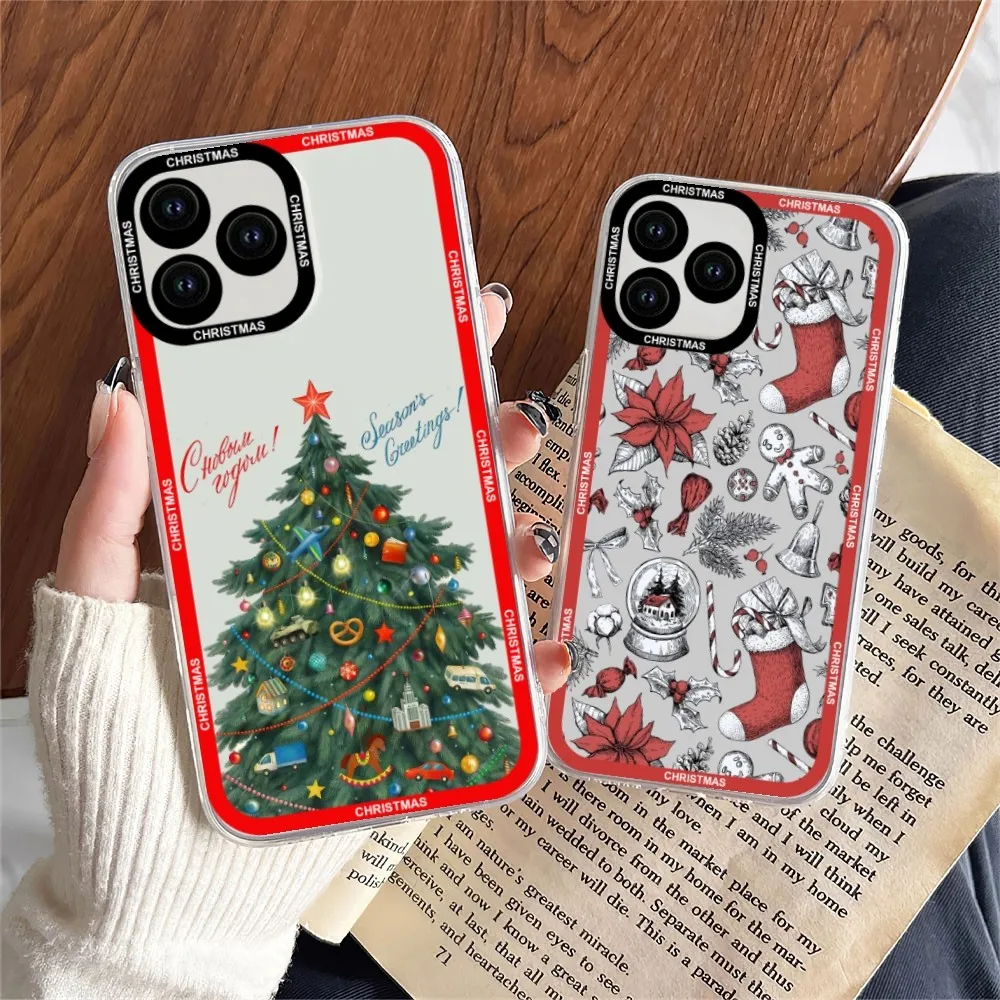 Christmas Day Elements Graphic Phone Case For iPhone 11 12 Mini 13 14 Pro Max Transparent Shell