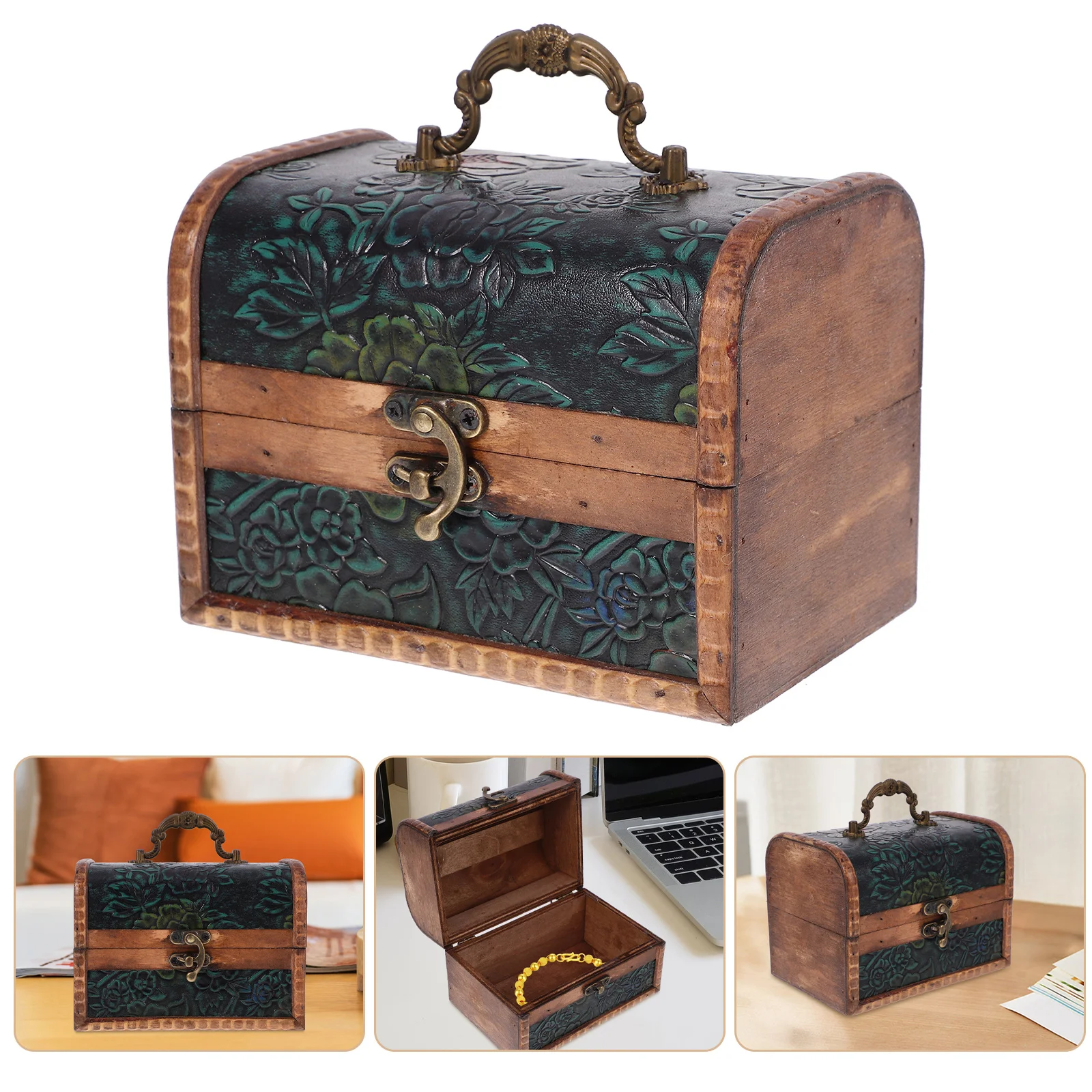 

Vintage Wooden Jewelry Treasure Box Engraved Storage Chest Trinket Case Keepsake Holder Decorative Retro Treasure Storage