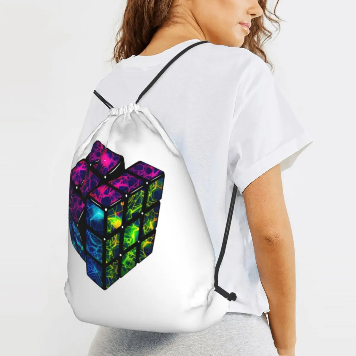 Pychedelic Cube Backpacks Multi-function Drawstring Bags Sports Bag Book Bags for Man Woman School